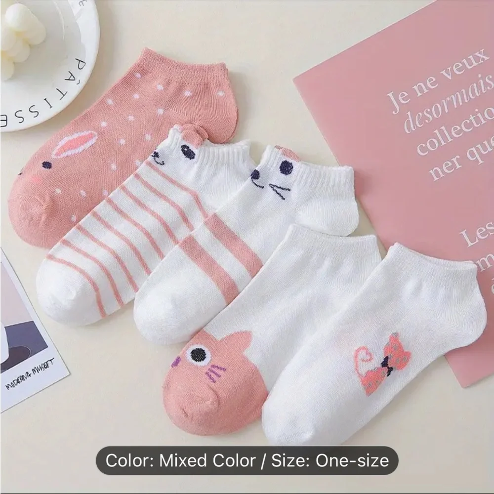 5 Pairs Cute Cat Print Short Socks,‎ NWT